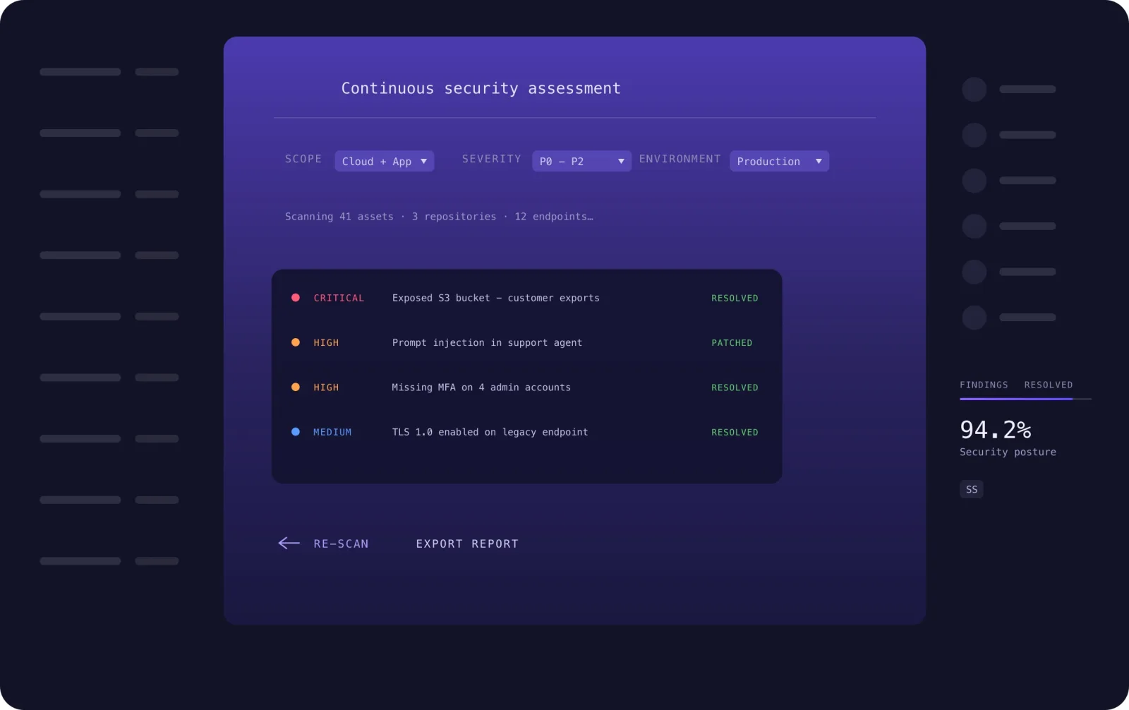 SentinelSec continuous security assessment dashboard listing findings by severity and status